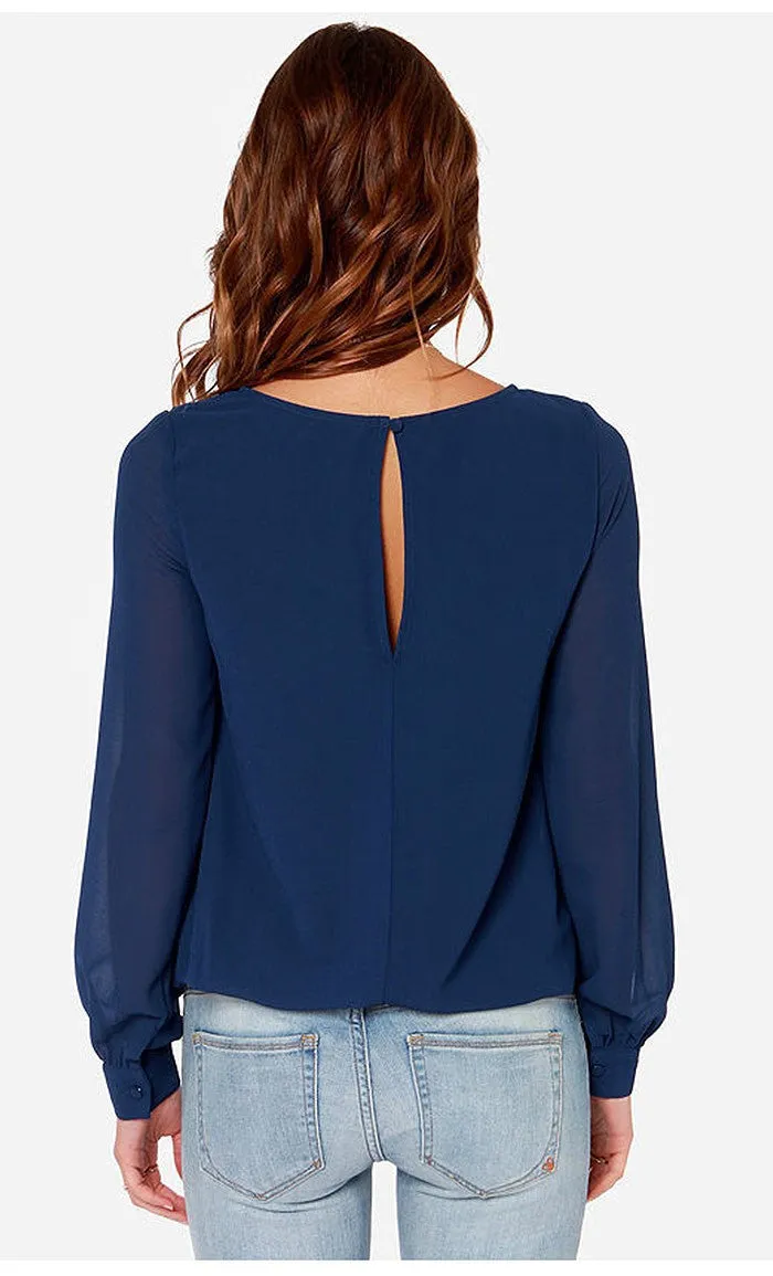 Scoop Long Sleeves Split Casual Chiffon Blouse