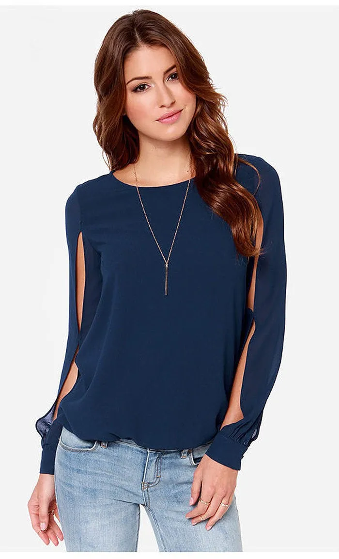 Scoop Long Sleeves Split Casual Chiffon Blouse