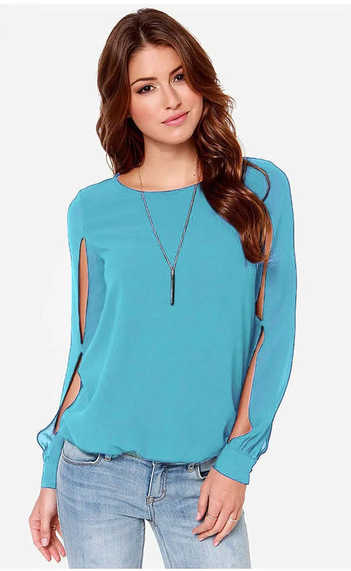 Scoop Long Sleeves Split Casual Chiffon Blouse