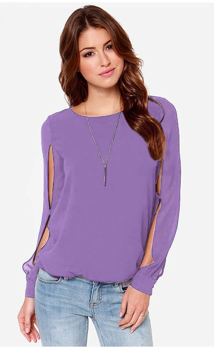 Scoop Long Sleeves Split Casual Chiffon Blouse
