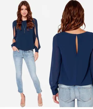 Scoop Long Sleeves Split Casual Chiffon Blouse
