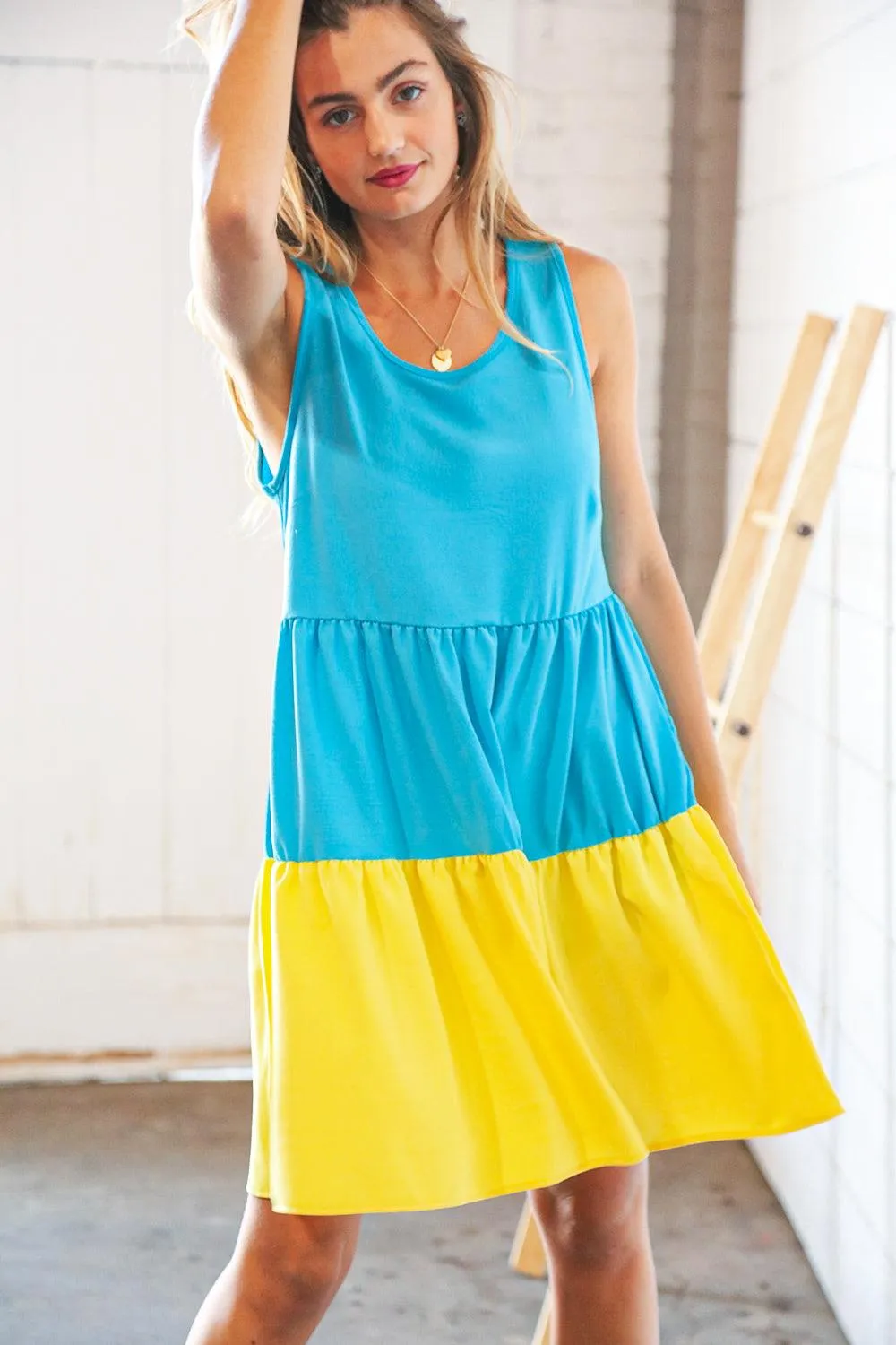 Scuba Blue Yellow Color Block Tiered Tank Dress