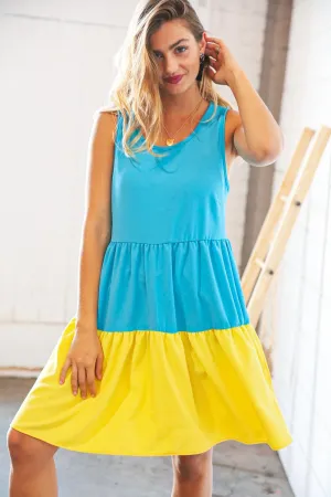 Scuba Blue Yellow Color Block Tiered Tank Dress