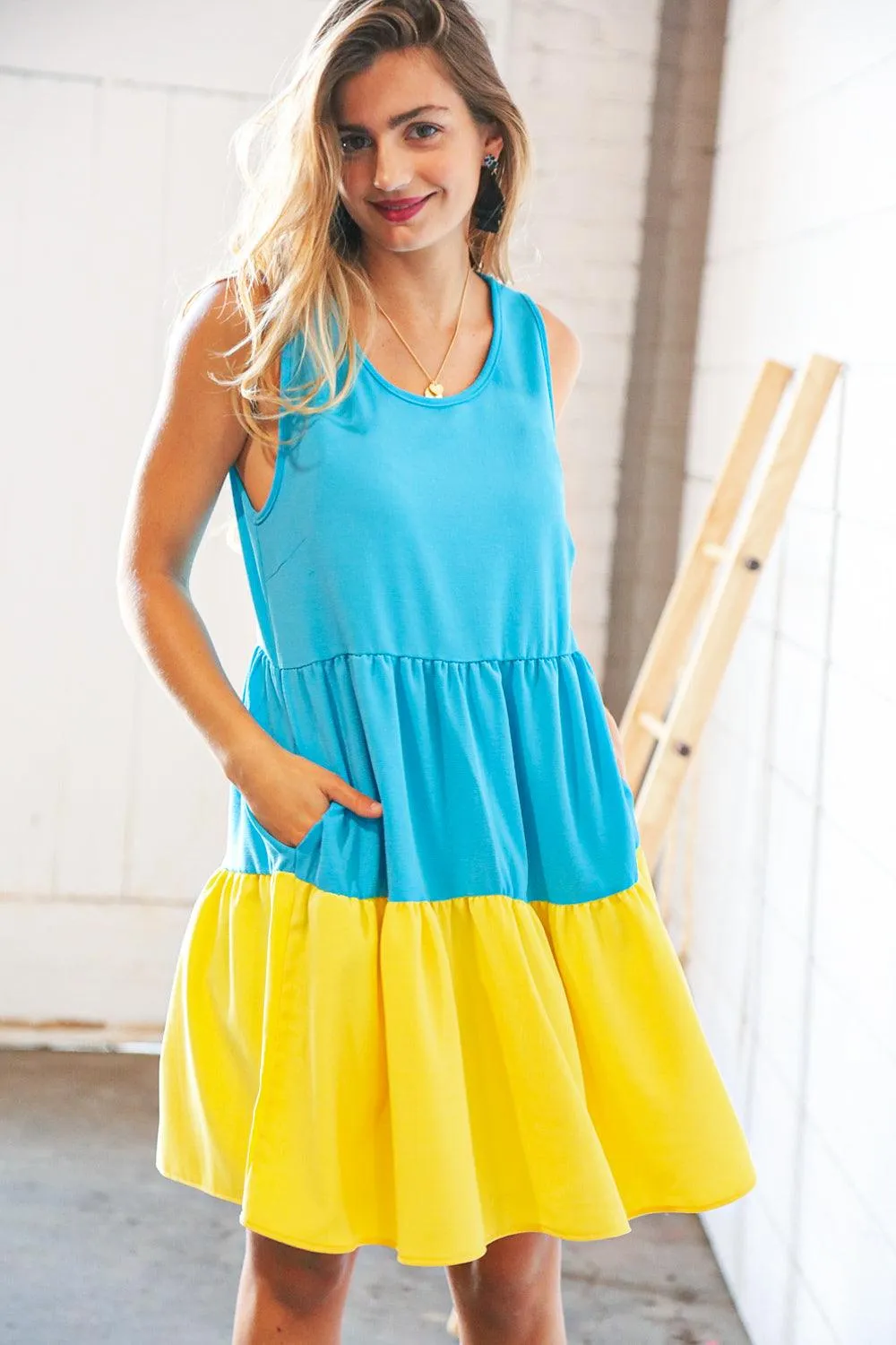 Scuba Blue Yellow Color Block Tiered Tank Dress