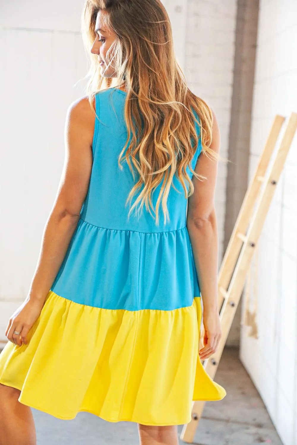Scuba Blue Yellow Color Block Tiered Tank Dress