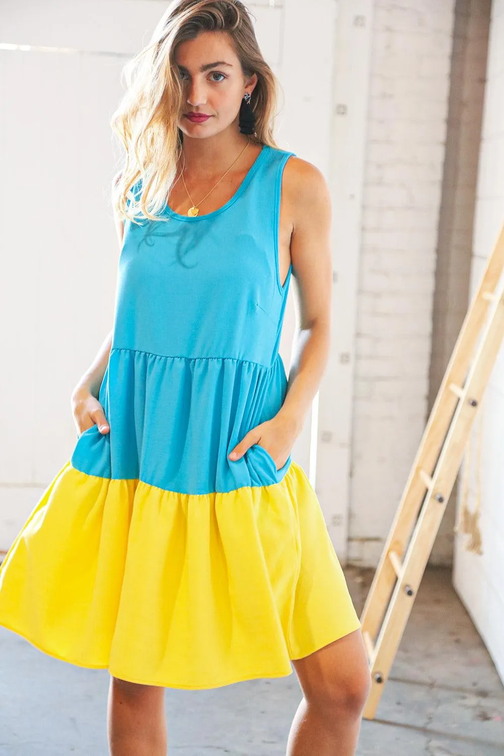 Scuba Blue Yellow Color Block Tiered Tank Dress