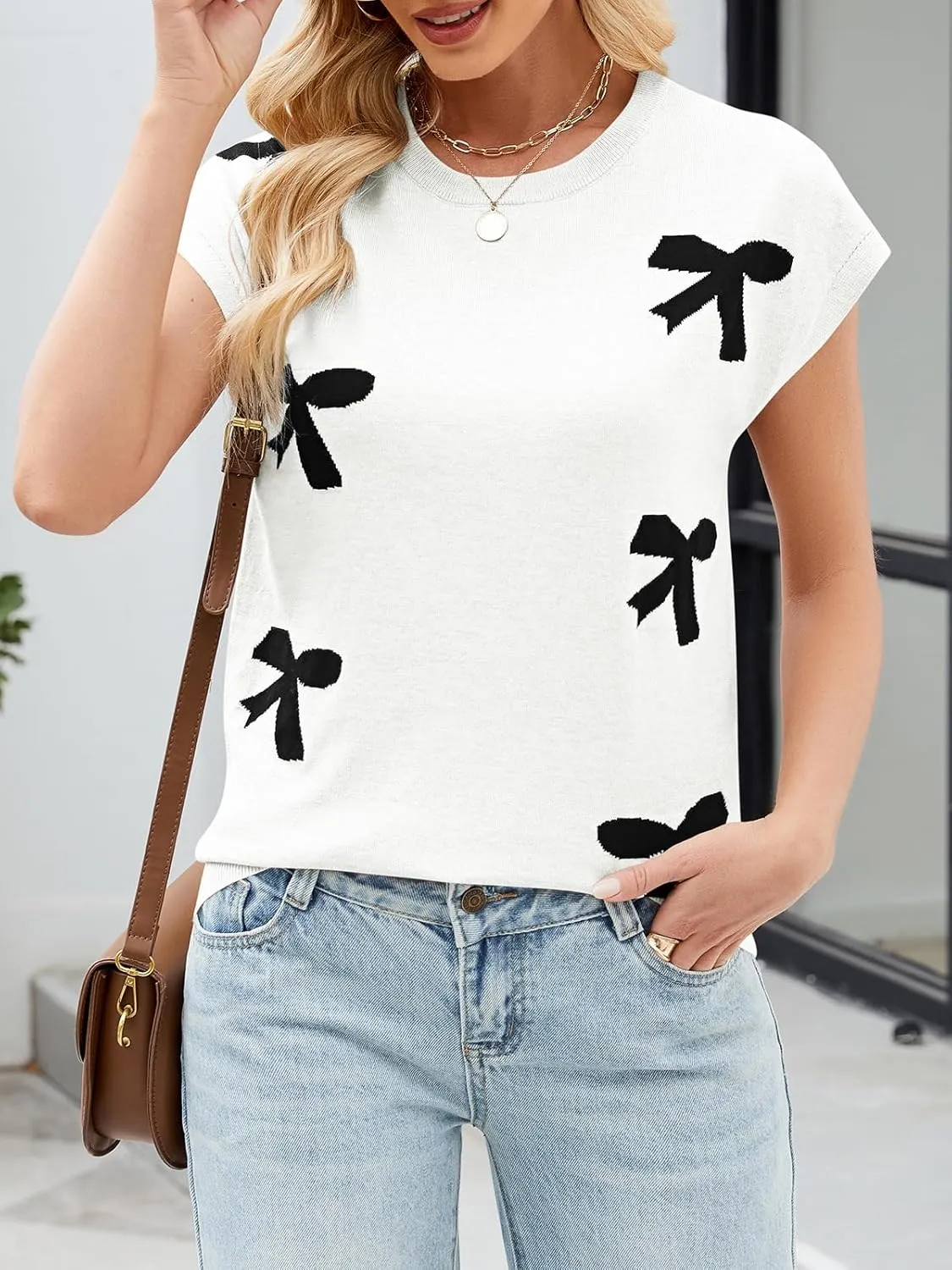 SENFURE Womens Crewneck Sleeveless Sweater Vest 2025 Trendy Cap Sleeve Bow Knit Tank Tops