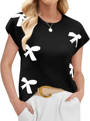 SENFURE Womens Crewneck Sleeveless Sweater Vest 2025 Trendy Cap Sleeve Bow Knit Tank Tops