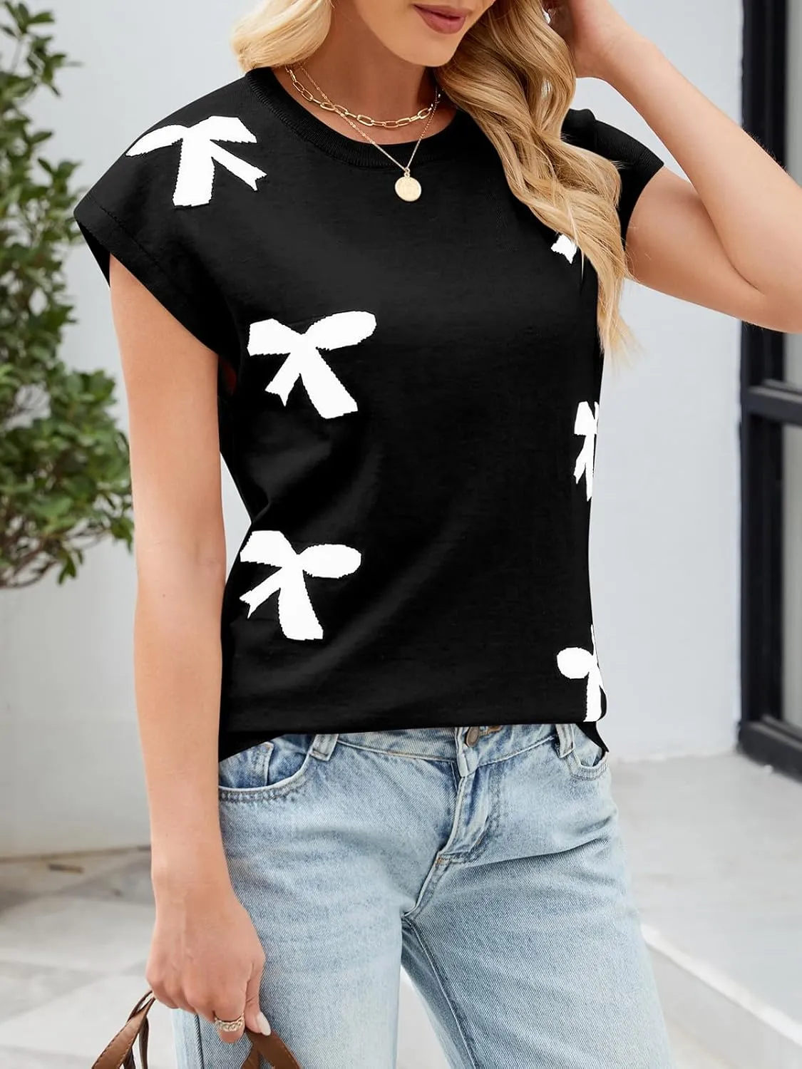 SENFURE Womens Crewneck Sleeveless Sweater Vest 2025 Trendy Cap Sleeve Bow Knit Tank Tops