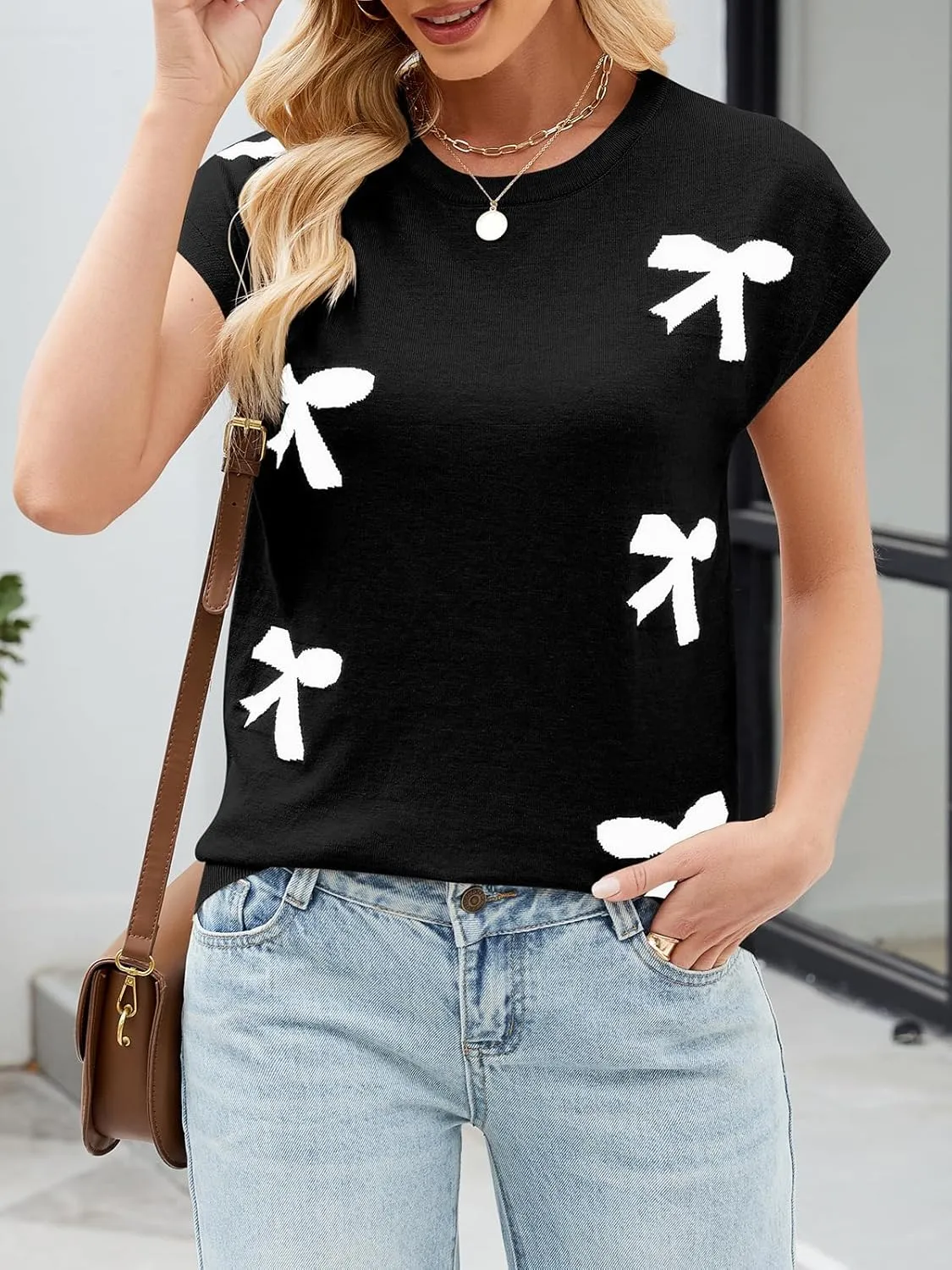 SENFURE Womens Crewneck Sleeveless Sweater Vest 2025 Trendy Cap Sleeve Bow Knit Tank Tops