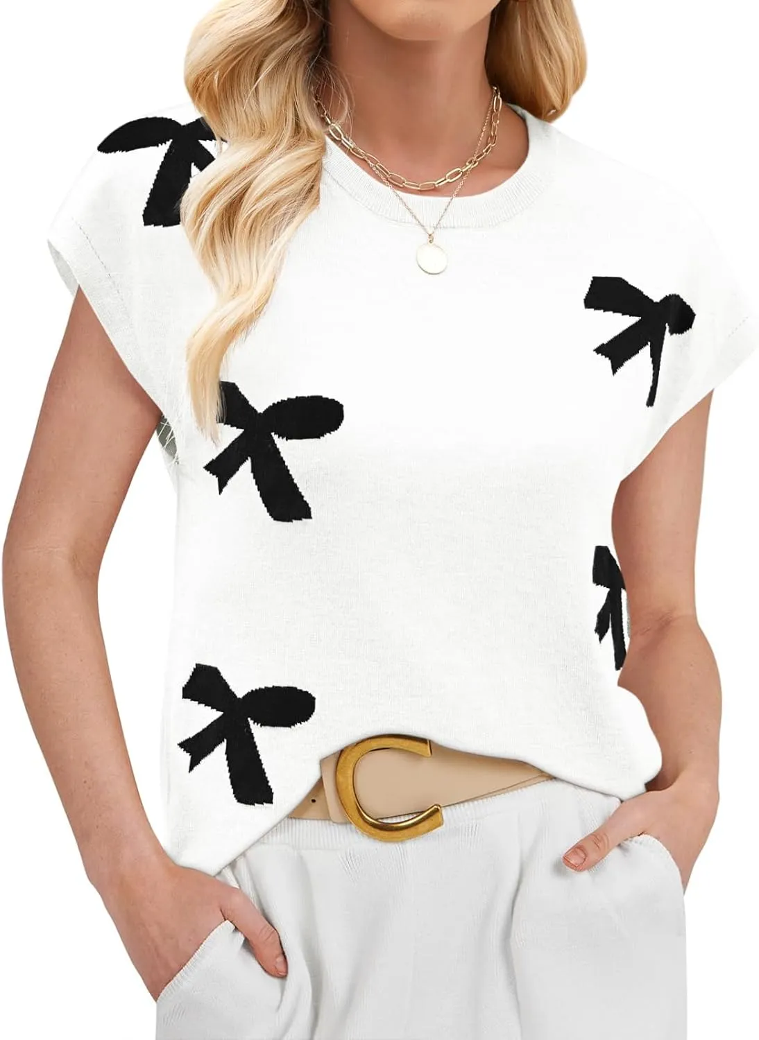 SENFURE Womens Crewneck Sleeveless Sweater Vest 2025 Trendy Cap Sleeve Bow Knit Tank Tops