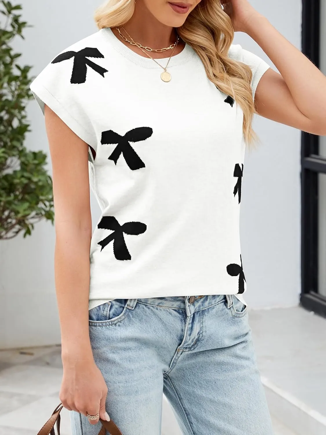 SENFURE Womens Crewneck Sleeveless Sweater Vest 2025 Trendy Cap Sleeve Bow Knit Tank Tops
