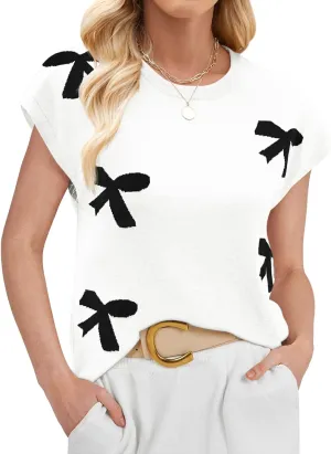 SENFURE Womens Crewneck Sleeveless Sweater Vest 2025 Trendy Cap Sleeve Bow Knit Tank Tops