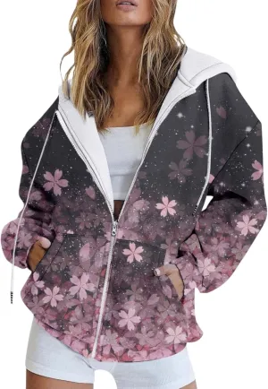 SHAOBGE Snap Hoodie Women Fashion Autumn Floral Print Casual Pockets Long Sleeve Jacket Cute Drawstring Plain Hoodies