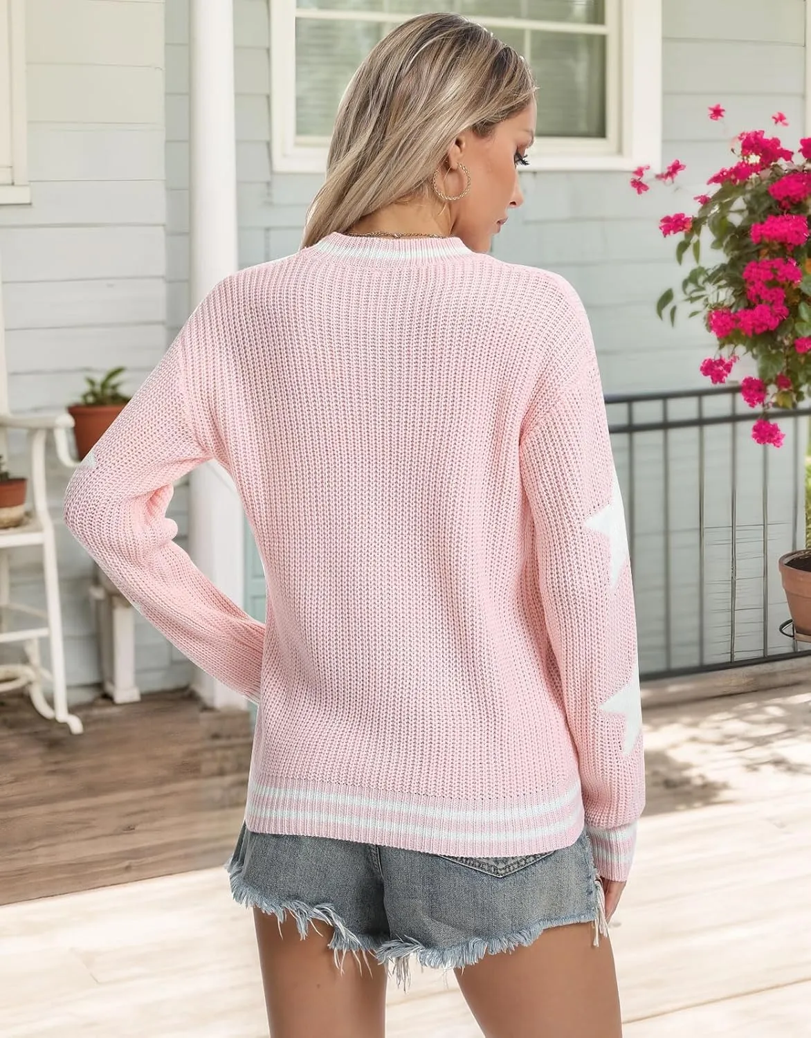 shermie Women's Star Graphic Knitted Pullover Sweaters Long Sleeve Crew Neck Casual Sweater