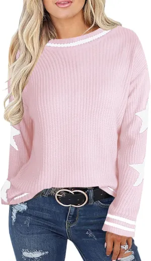 shermie Women's Star Graphic Knitted Pullover Sweaters Long Sleeve Crew Neck Casual Sweater