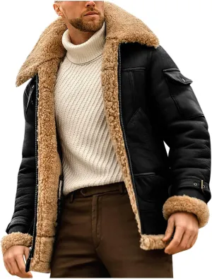 Sherpa Lined Leather Jacket Men Suede Sherpa Shearling Faux Fur Leather Coat Sheepskin Winter Coat Fur Collar Jacket