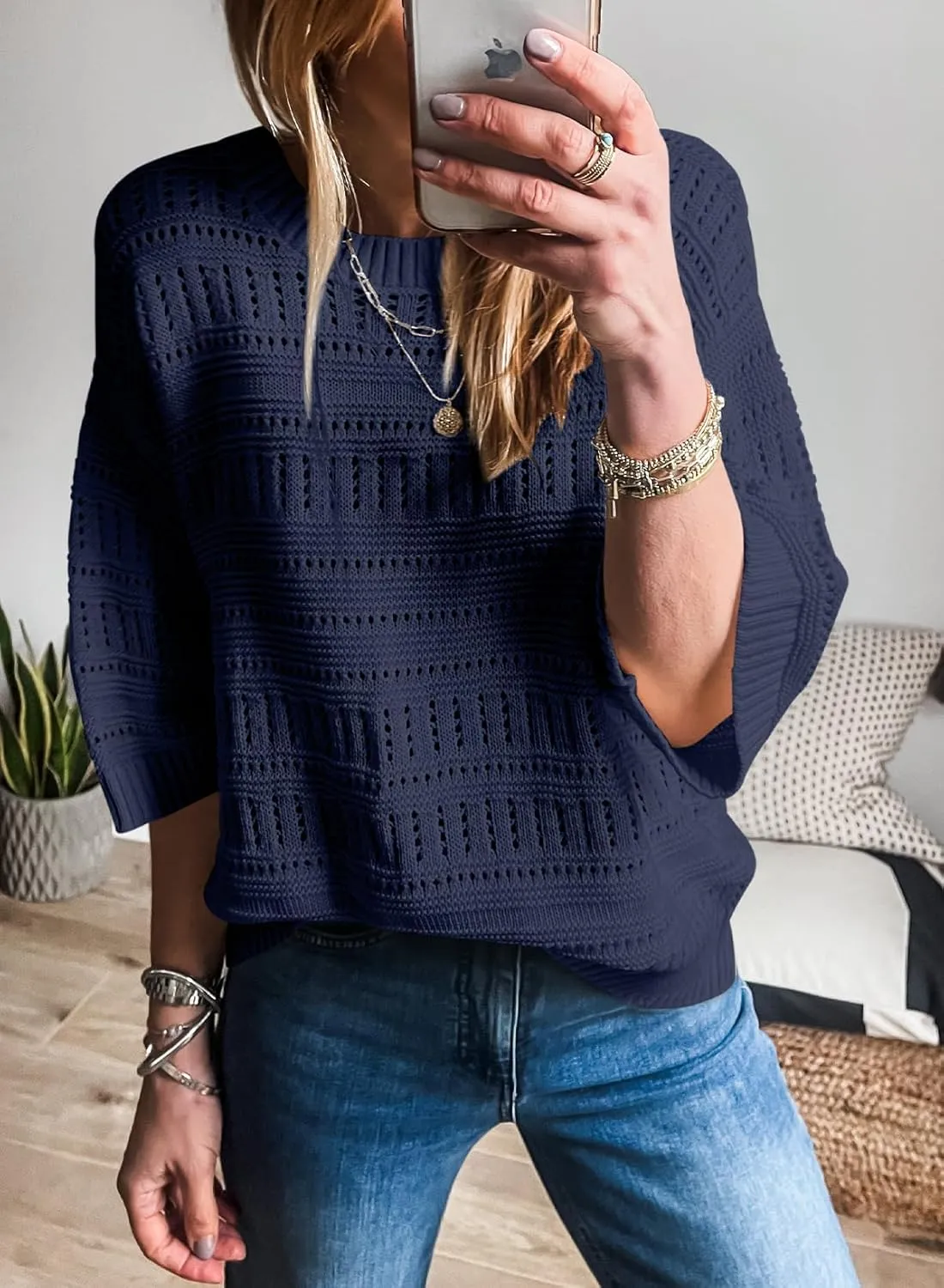 SHEWIN Sweaters for Women Causal 3/4 Length Sleeve Womens Top Oversized Tunic Sweater Spring Tops