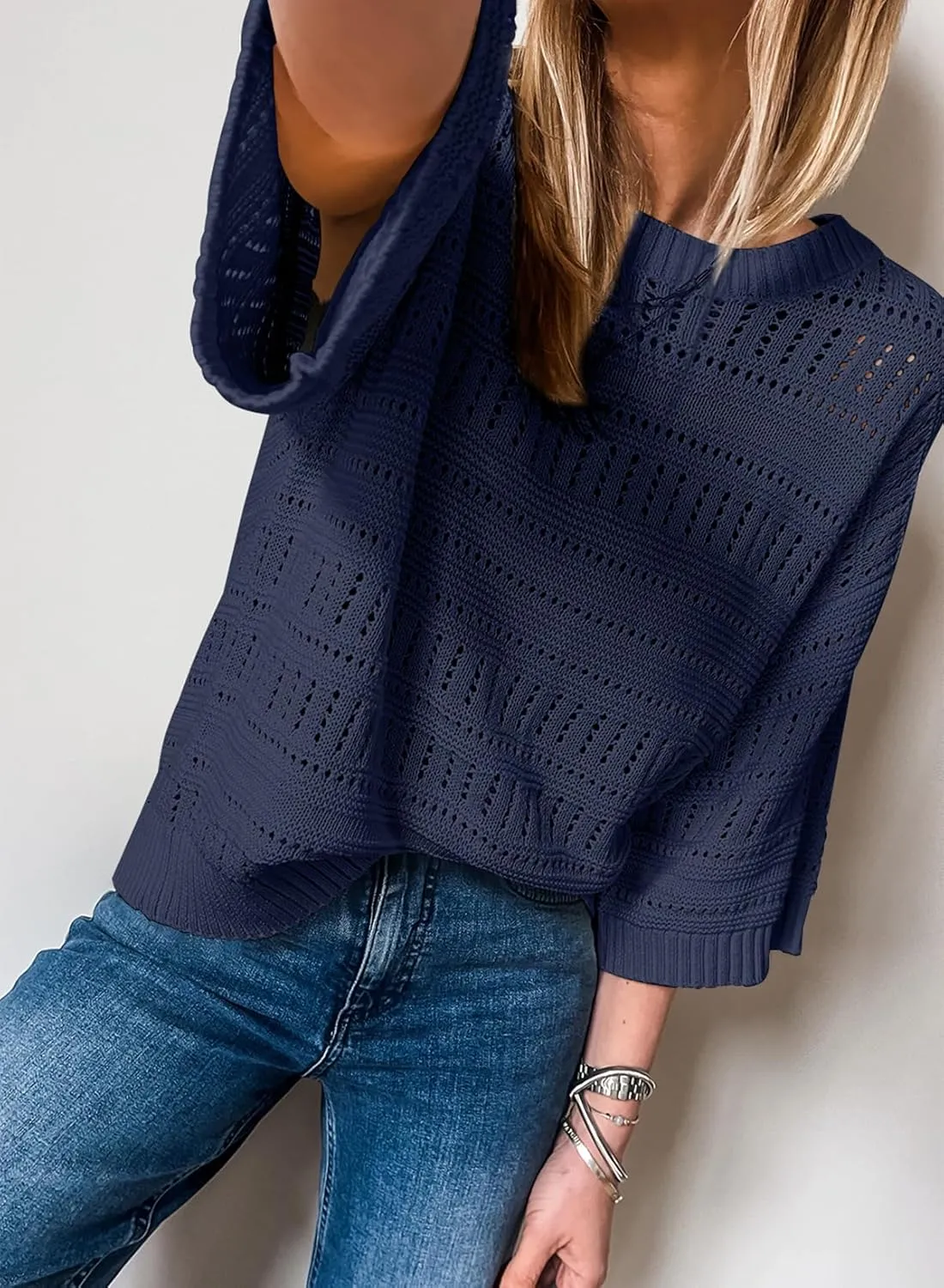 SHEWIN Sweaters for Women Causal 3/4 Length Sleeve Womens Top Oversized Tunic Sweater Spring Tops