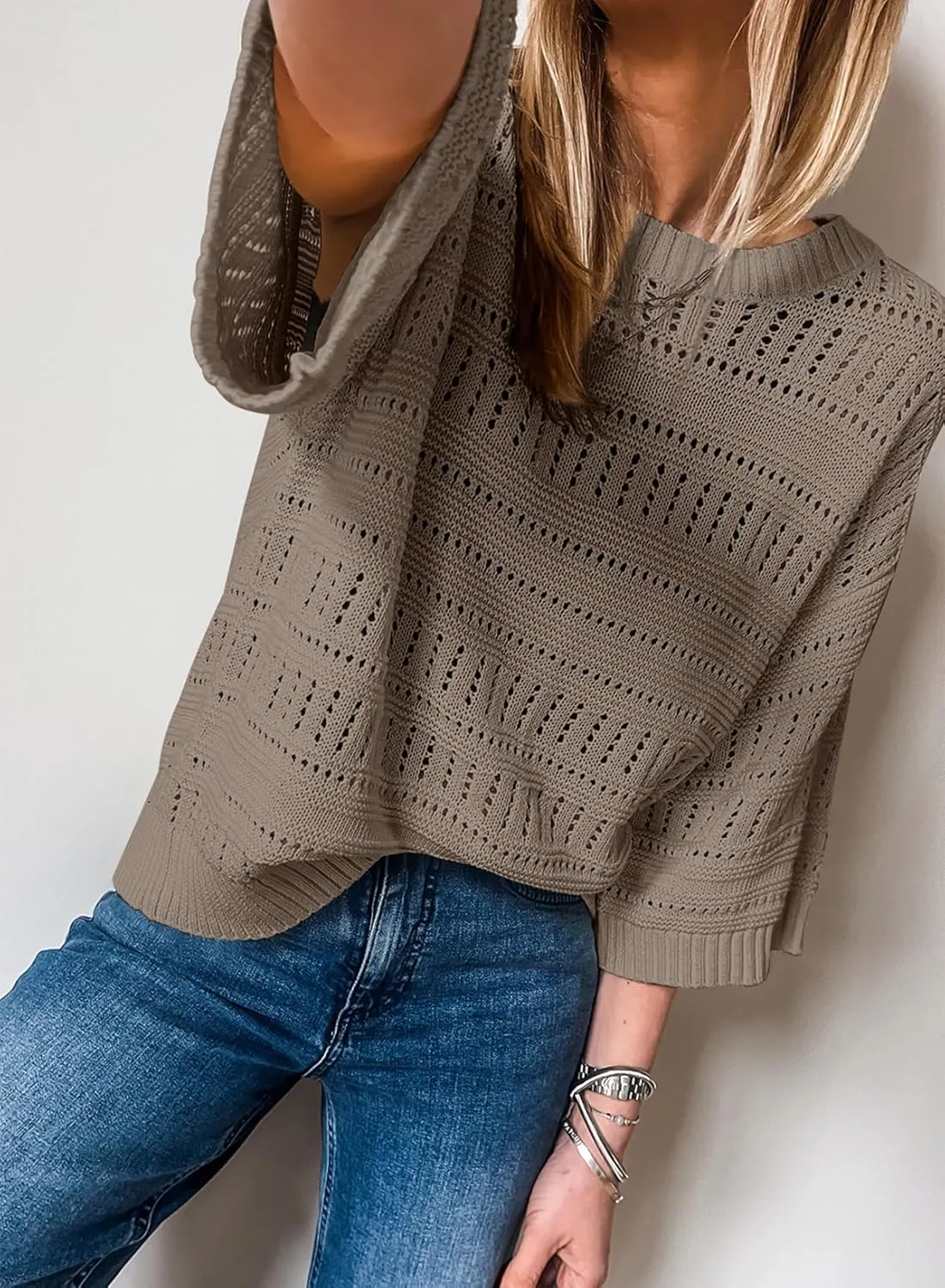 SHEWIN Sweaters for Women Causal 3/4 Length Sleeve Womens Top Oversized Tunic Sweater Spring Tops