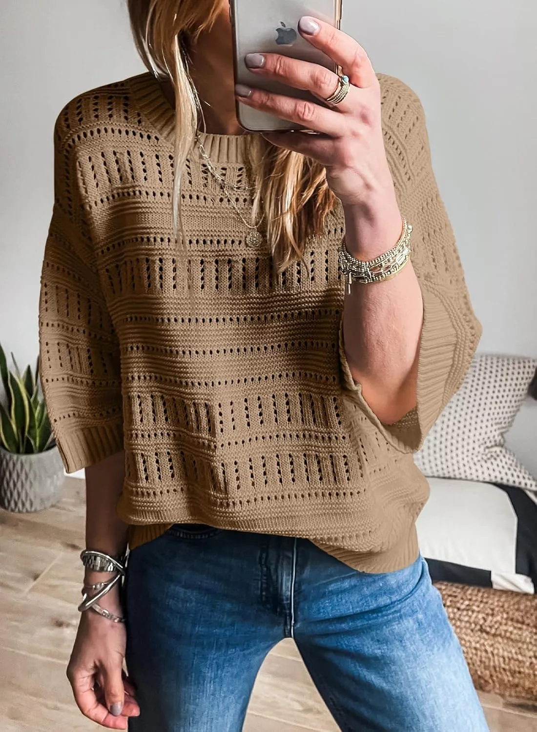SHEWIN Sweaters for Women Causal 3/4 Length Sleeve Womens Top Oversized Tunic Sweater Spring Tops