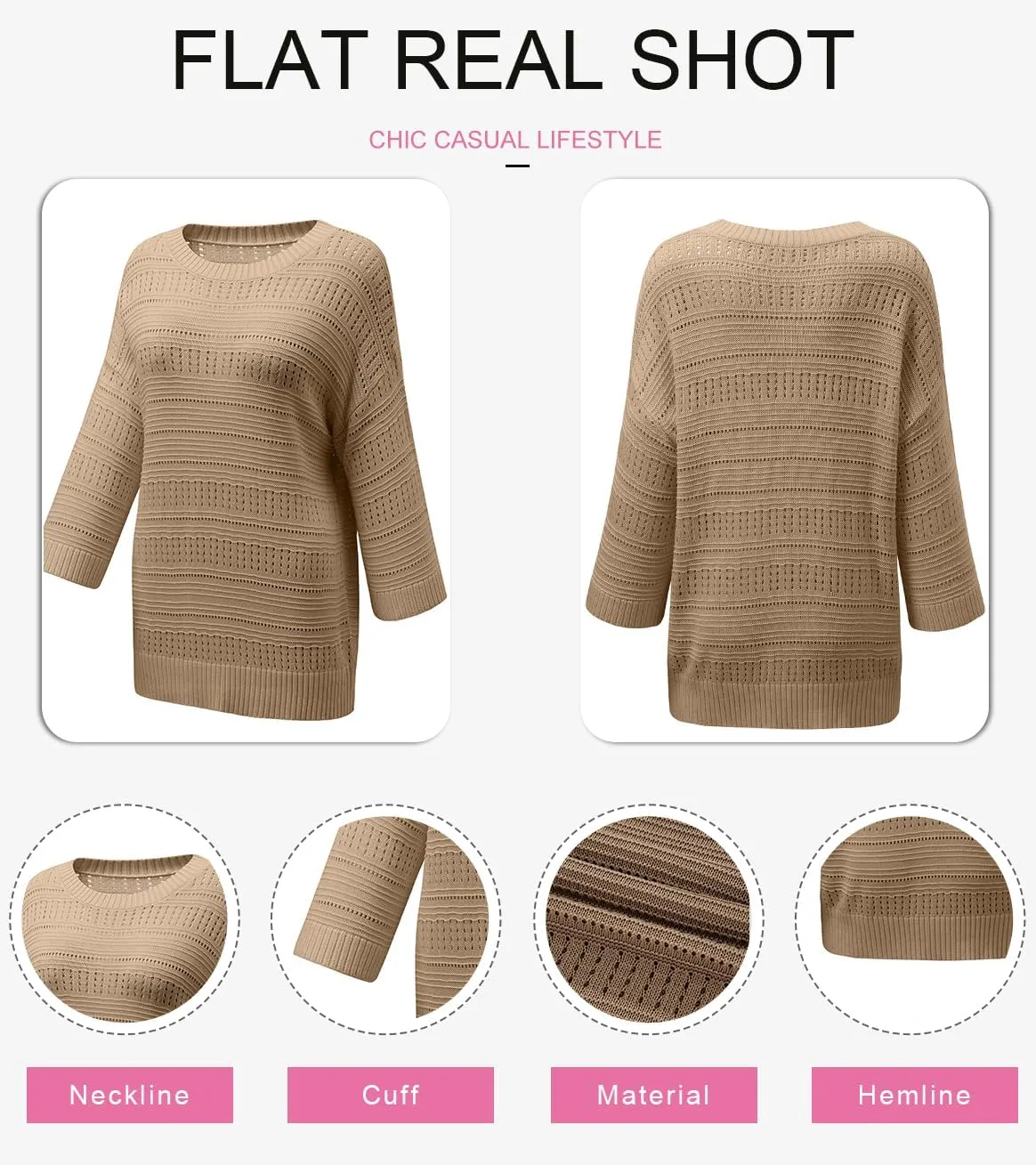 SHEWIN Sweaters for Women Causal 3/4 Length Sleeve Womens Top Oversized Tunic Sweater Spring Tops