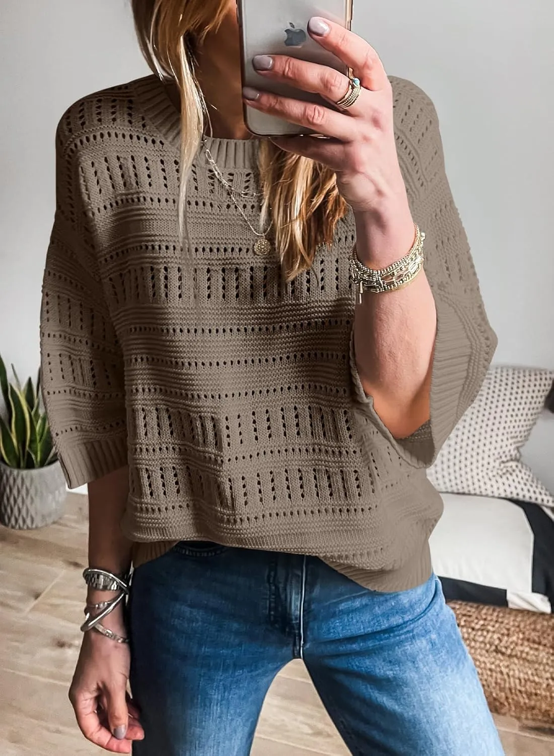 SHEWIN Sweaters for Women Causal 3/4 Length Sleeve Womens Top Oversized Tunic Sweater Spring Tops