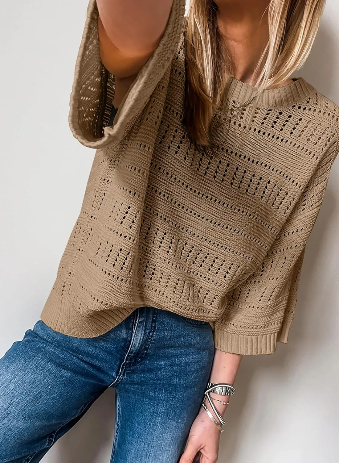 SHEWIN Sweaters for Women Causal 3/4 Length Sleeve Womens Top Oversized Tunic Sweater Spring Tops
