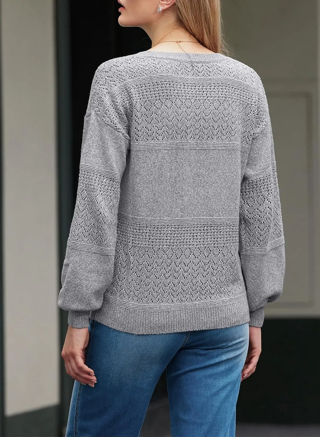 SHEWIN Womens Sweaters Casual Long Sleeve V Neck Lightweight Crochet Pullover Sweater Tops