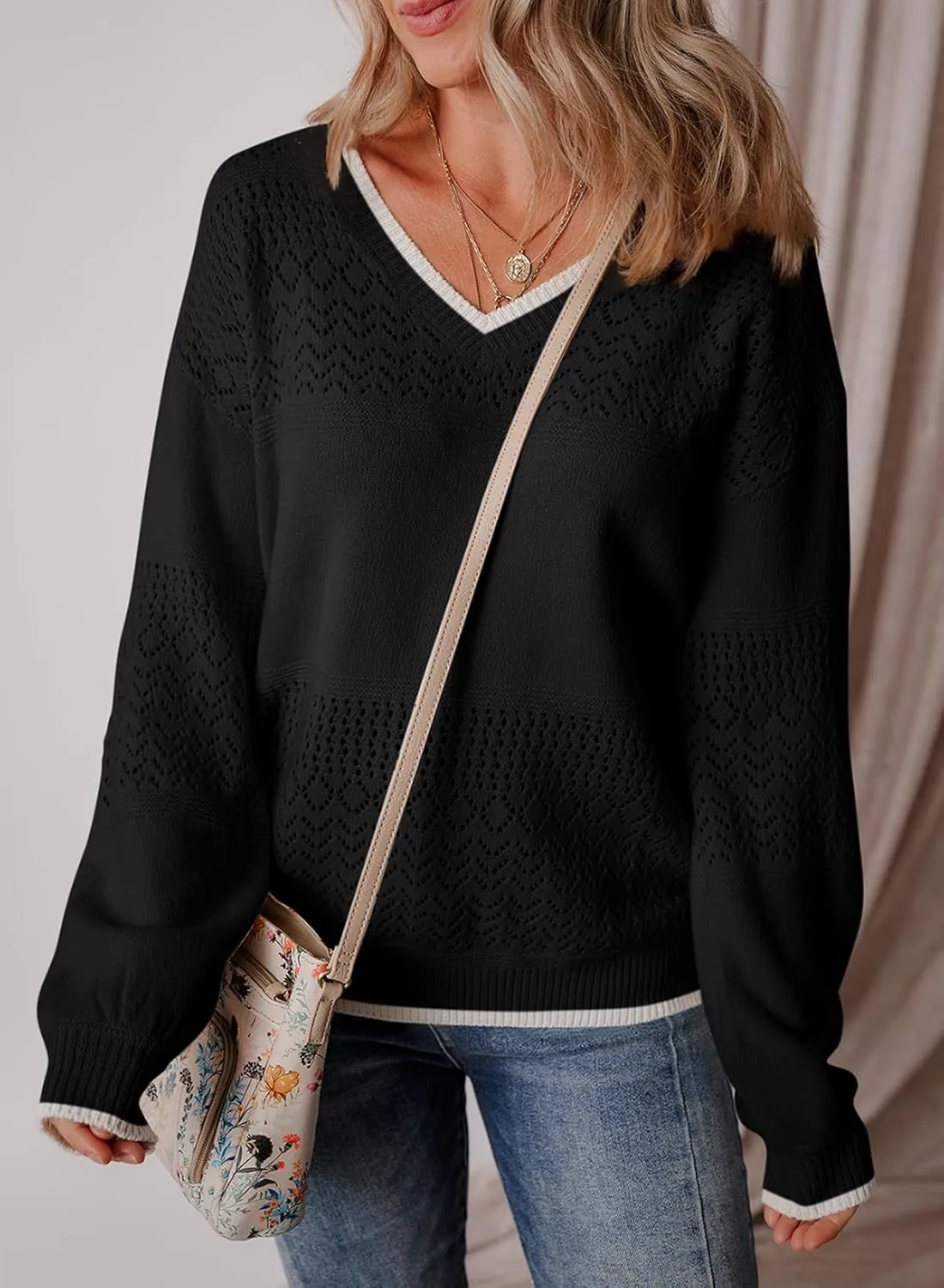 SHEWIN Womens Sweaters Casual Long Sleeve V Neck Lightweight Crochet Pullover Sweater Tops