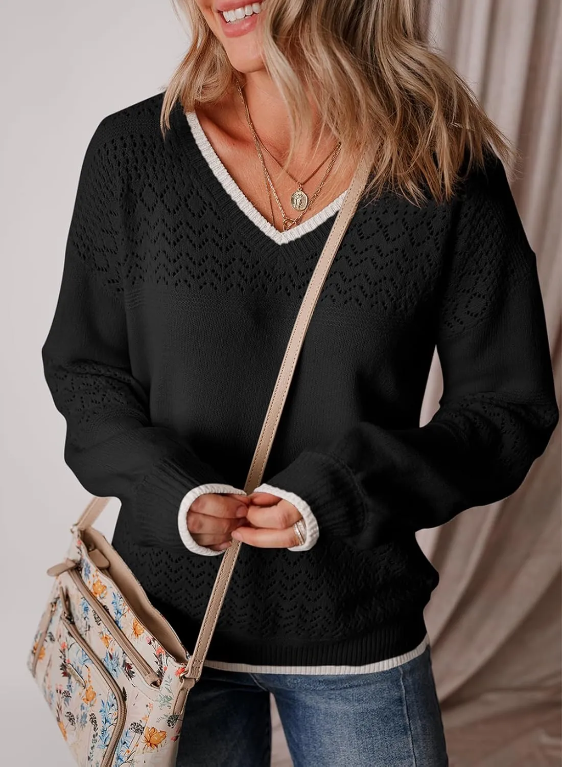 SHEWIN Womens Sweaters Casual Long Sleeve V Neck Lightweight Crochet Pullover Sweater Tops