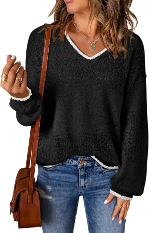 SHEWIN Womens Sweaters Casual Long Sleeve V Neck Lightweight Crochet Pullover Sweater Tops