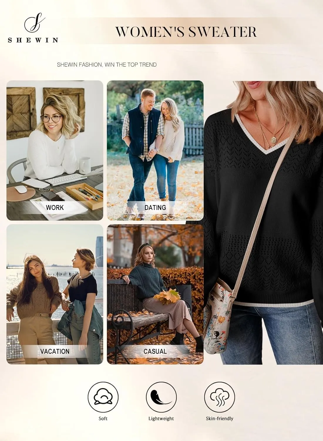 SHEWIN Womens Sweaters Casual Long Sleeve V Neck Lightweight Crochet Pullover Sweater Tops