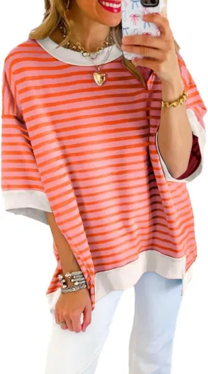 SHEWIN Womens Tops Casual Short Sleeve Sweatshirt Striped Shirt Crewneck Pullover T Shirts Loose Blouses