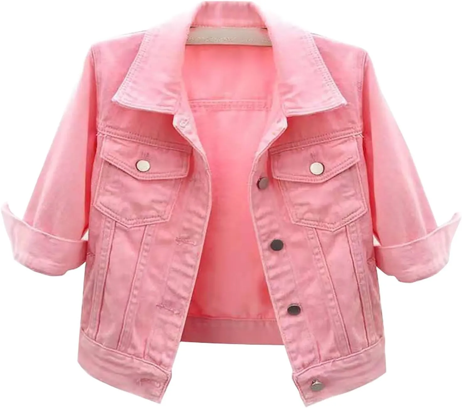 Short Sleeve Denim Jacket for Women 3/4 Sleeve Cropped Light Wash Short Jean Jacket Slim Trucker Coat Denim Tops