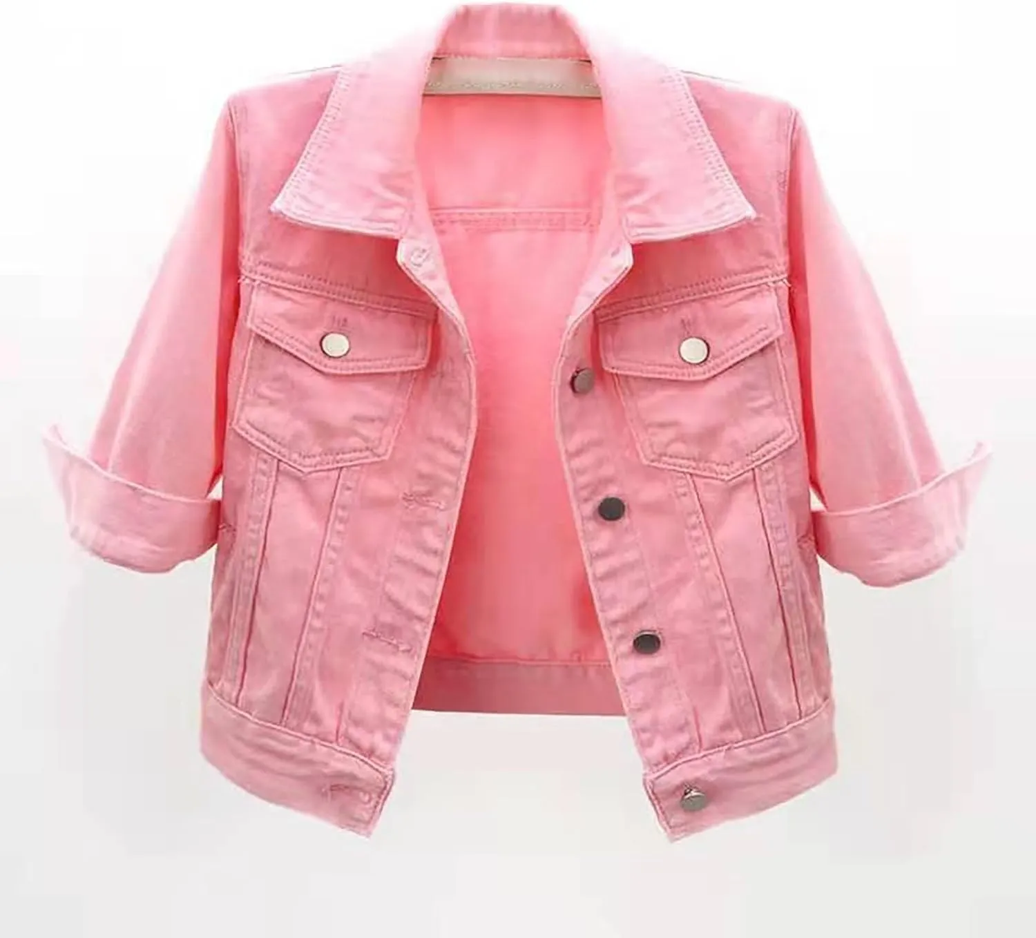 Short Sleeve Denim Jacket for Women 3/4 Sleeve Cropped Light Wash Short Jean Jacket Slim Trucker Coat Denim Tops