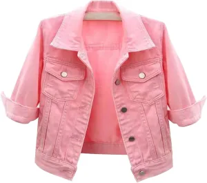 Short Sleeve Denim Jacket for Women 3/4 Sleeve Cropped Light Wash Short Jean Jacket Slim Trucker Coat Denim Tops