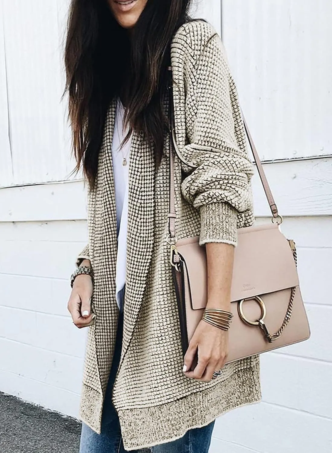 Sidefeel Womens 2024 Fall Winter Long Sleeve Open Front Cardigan Sweaters Oversized Checkered Chunky Knit Sweaters Coat