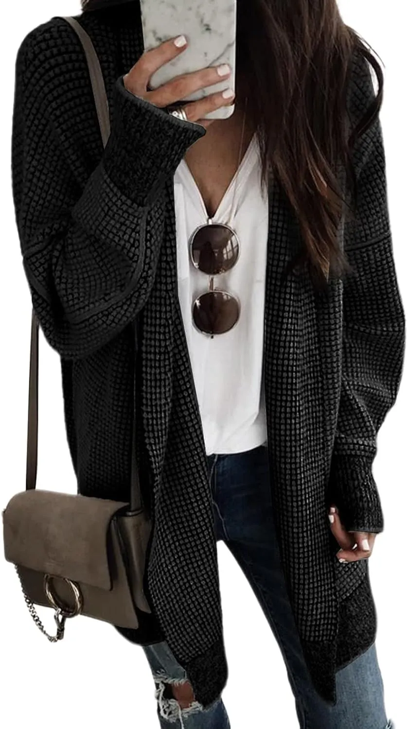Sidefeel Womens 2024 Fall Winter Long Sleeve Open Front Cardigan Sweaters Oversized Checkered Chunky Knit Sweaters Coat