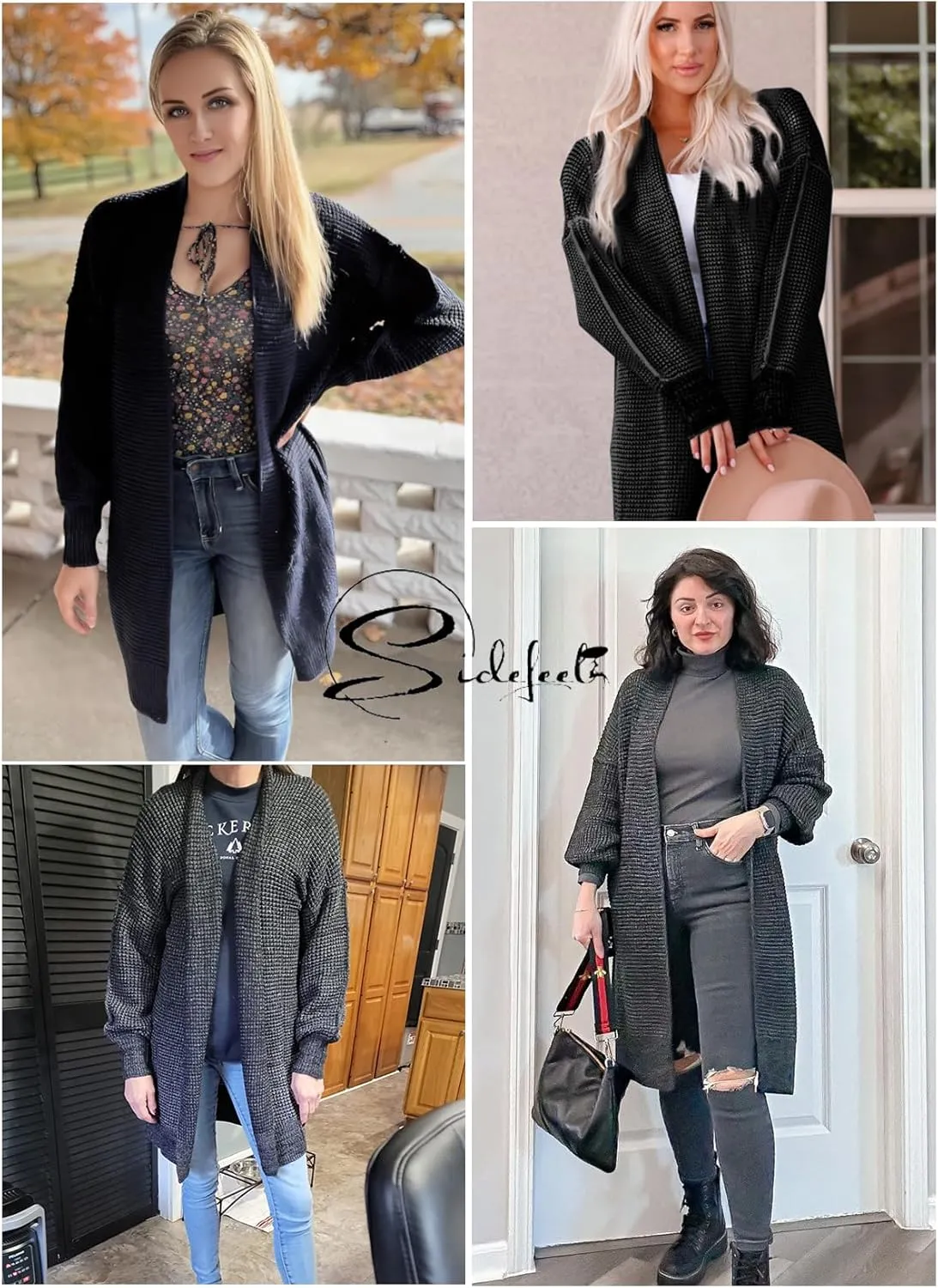 Sidefeel Womens 2024 Fall Winter Long Sleeve Open Front Cardigan Sweaters Oversized Checkered Chunky Knit Sweaters Coat