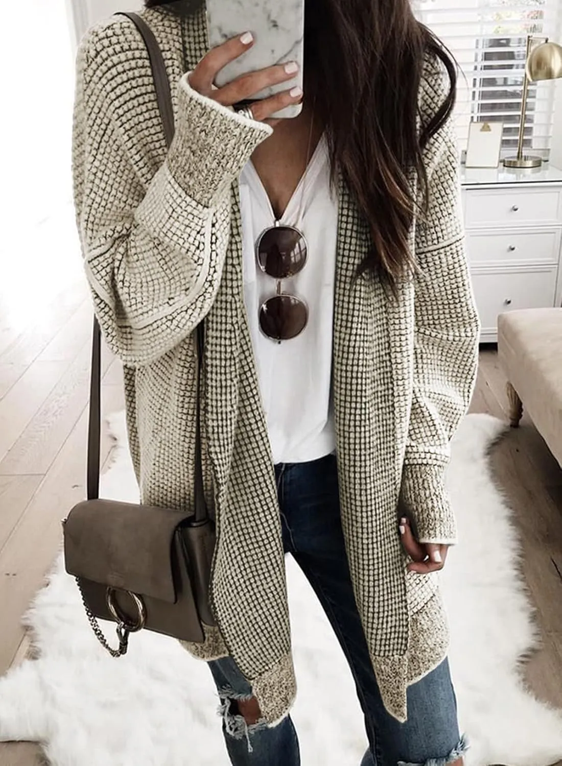 Sidefeel Womens 2024 Fall Winter Long Sleeve Open Front Cardigan Sweaters Oversized Checkered Chunky Knit Sweaters Coat