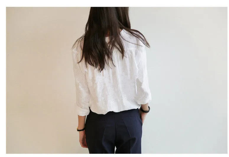 Simple V-neck Long Sleeves Batiste Casual Blouse