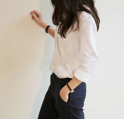 Simple V-neck Long Sleeves Batiste Casual Blouse