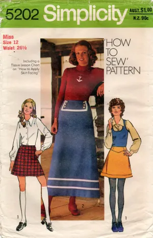 Simplicity 5202 Womens Mini & Nautical Maxi Skirts 1970s Vintage Sewing Pattern Size 12 Bust 34 Inches UNCUT Factory Folded