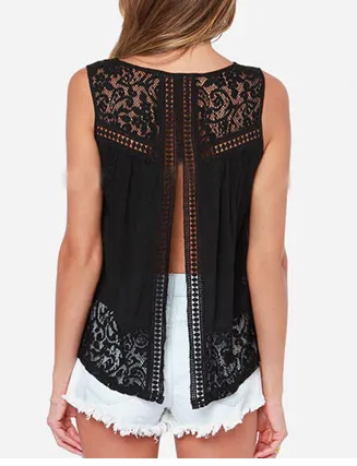 Sleeveless Scoop Lace Patchwork Spilt Crochet Blouse