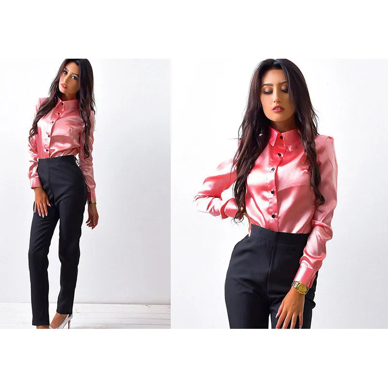 Slim High Lapel Neck Pure Color Long Sleeves Regular Shirt