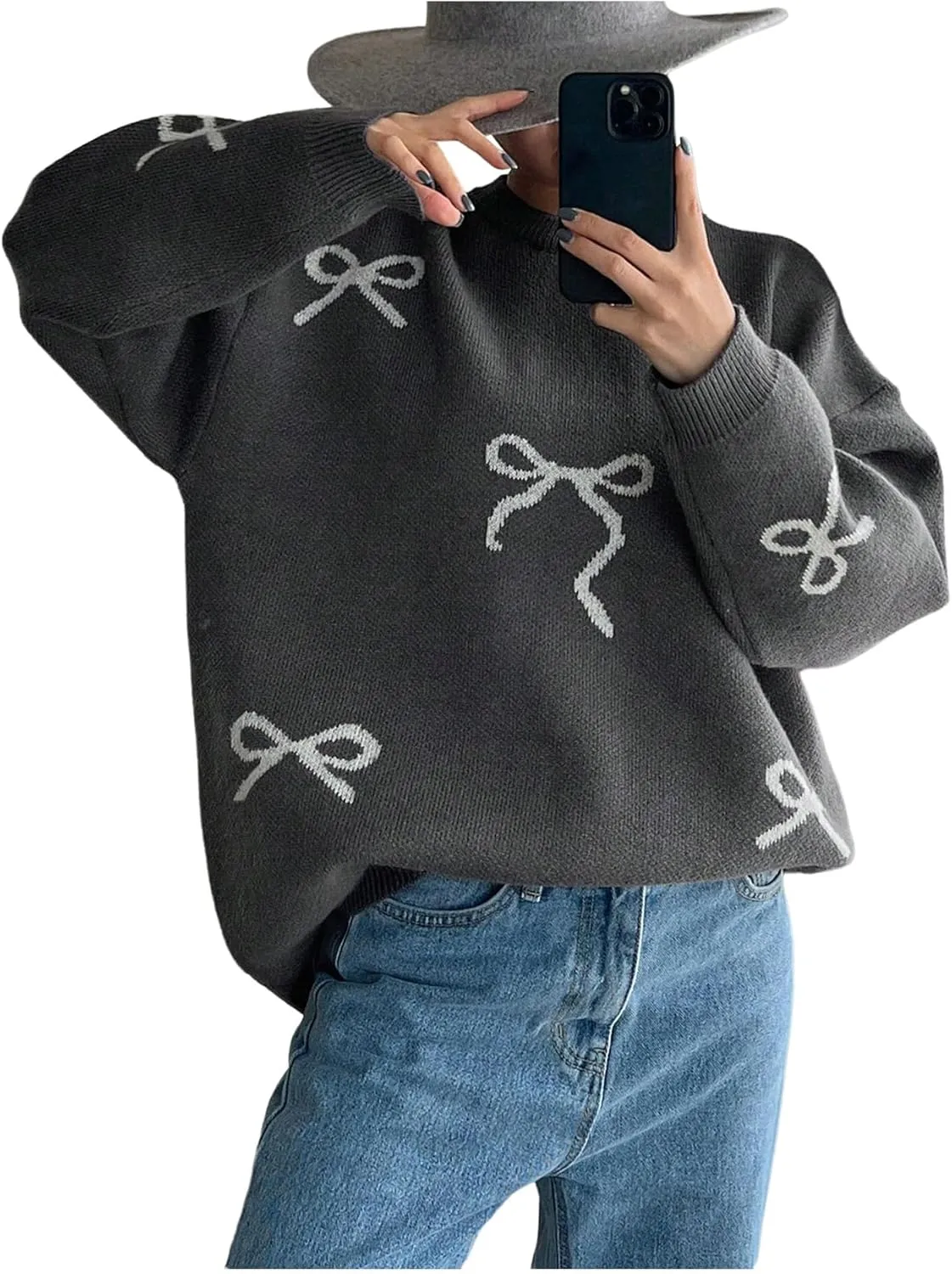 SOLY HUX Oversized Sweaters for Women Y2k Bow Print Crew Neck Drop Shoulder Long Sleeve Knit Pullover Tops