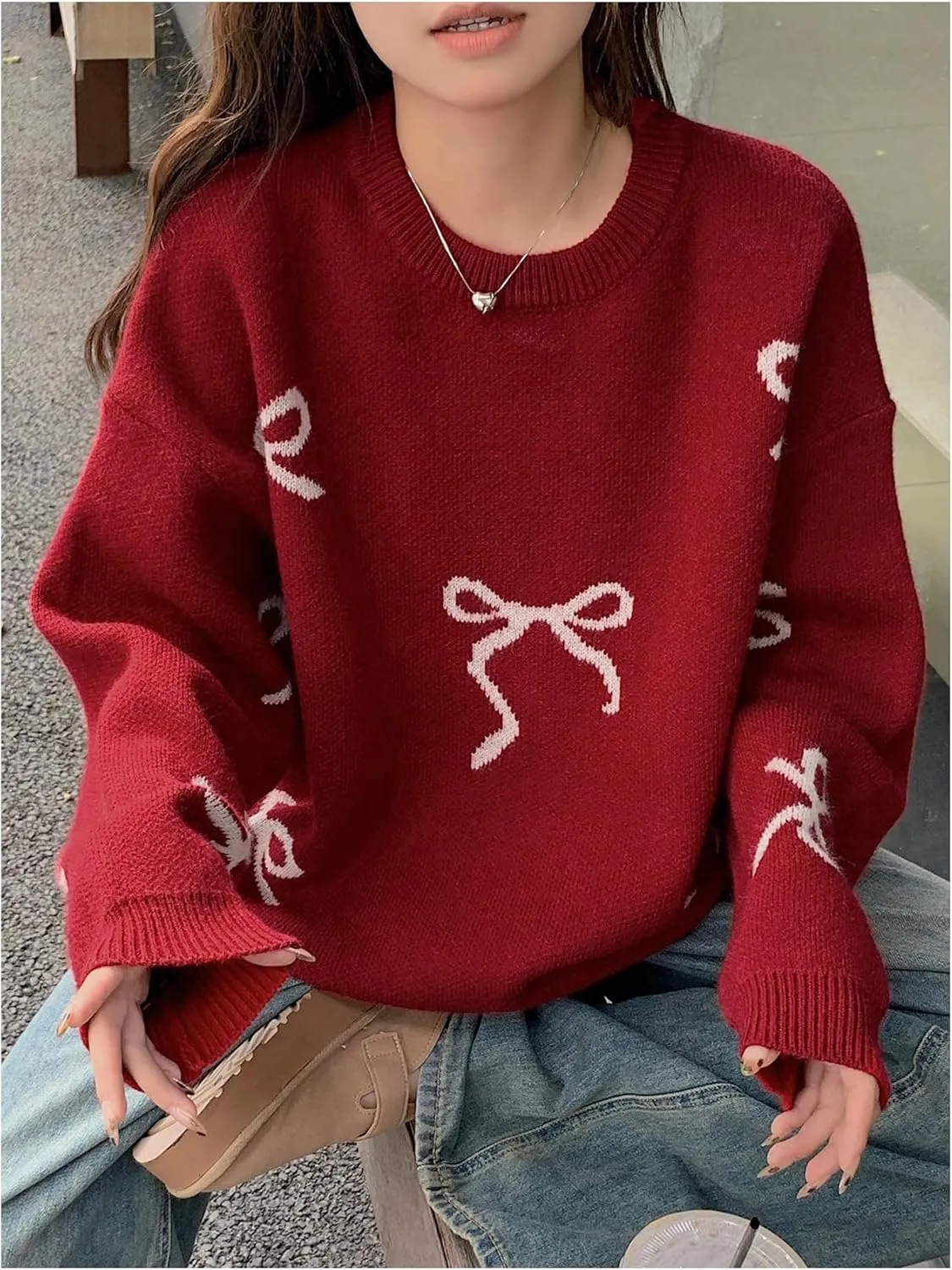 SOLY HUX Oversized Sweaters for Women Y2k Bow Print Crew Neck Drop Shoulder Long Sleeve Knit Pullover Tops