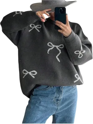 SOLY HUX Oversized Sweaters for Women Y2k Bow Print Crew Neck Drop Shoulder Long Sleeve Knit Pullover Tops