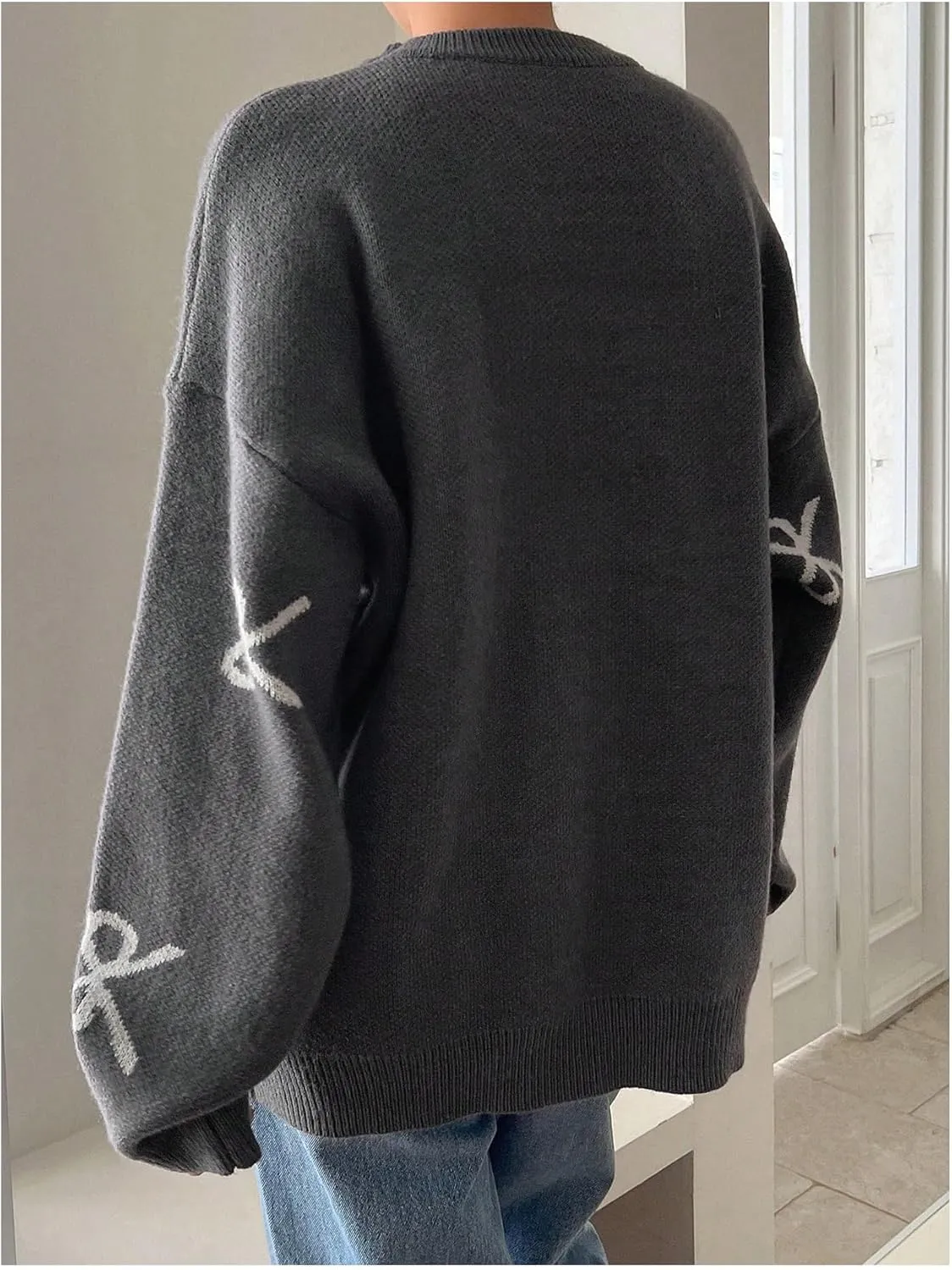 SOLY HUX Oversized Sweaters for Women Y2k Bow Print Crew Neck Drop Shoulder Long Sleeve Knit Pullover Tops